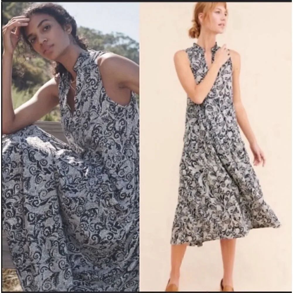 Anthropologie Maeve Marya Tiered black white ruffle shift dress pocket maxi dres